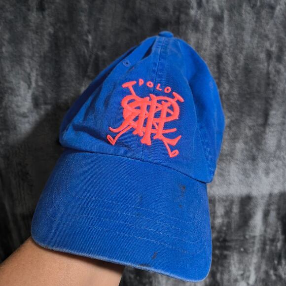 VTG Polo Ralph Lauren Blue Hat Cap Pink Embroidery Logo RARE - Picture 1 of 8